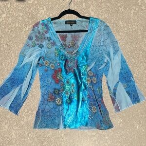Design Works Top Beaded Sequins Fairy V-neck Blue Sheer Silky Size Medium